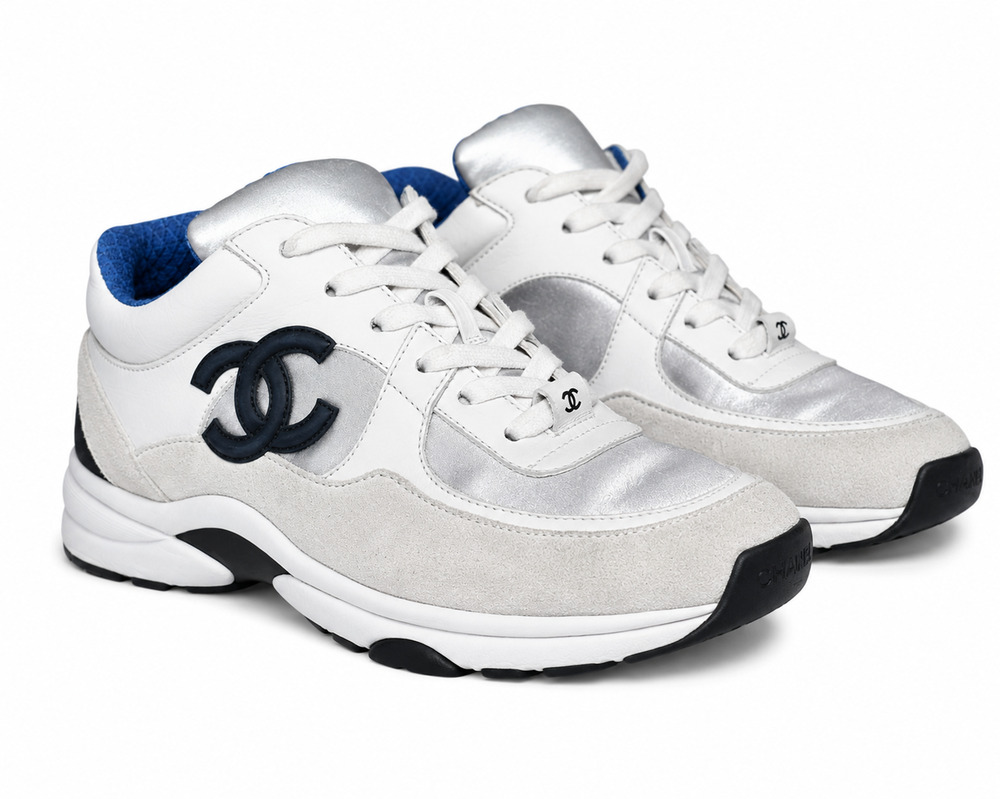 CHANEL White Silver Suede Calfskin CC Logo Low Top Sneakers Shoes EU 37